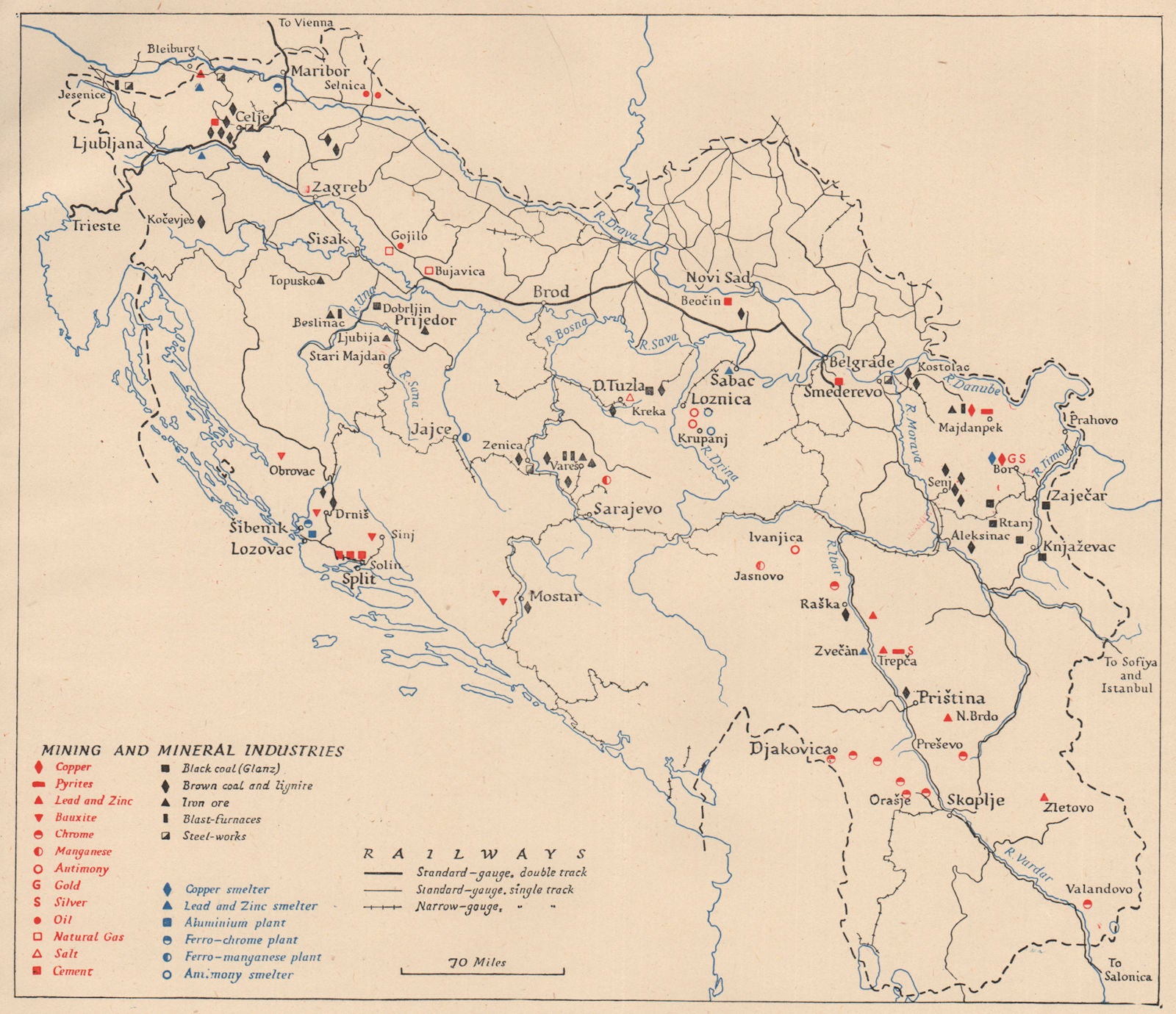 YUGOSLAVIA. Mining & mineral industries. WW2 ROYAL NAVY INTELLIGENCE MAP 1945